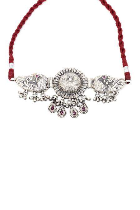 Sangeeta Boochra_Silver Plated Handcrafted Carved Choker _Online_at_Aza_Fashions