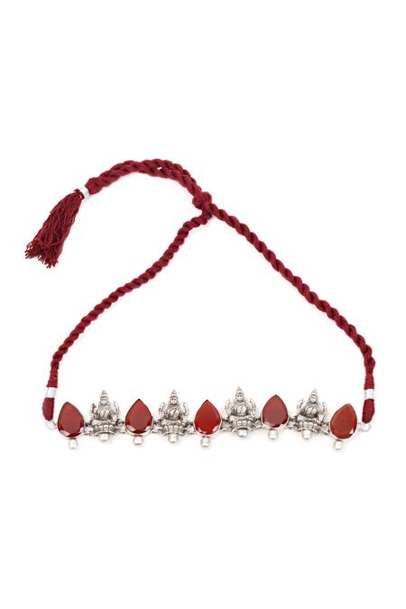 Shop_Sangeeta Boochra_Silver Plated Stone Handcrafted Temple Carved Choker _at_Aza_Fashions