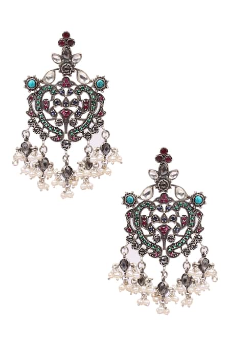 Shop Sangeeta Boochra Silver Plated Stones, Beads Handcrafted Drop Earrings at Aza Fashions Shop_Sangeeta Boochra_Silver Plated Stones, Beads Handcrafted Drop Earrings _at_Aza_Fashions