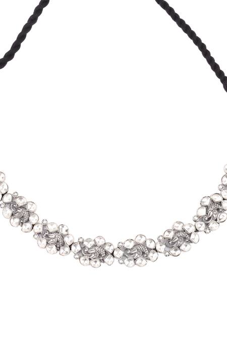 Sangeeta Boochra_Silver Plated Handcrafted Peacock Carved Choker _Online_at_Aza_Fashions