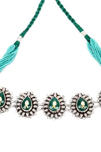 Sangeeta Boochra_Silver Plated Handcrafted Teardrop Carved Choker _Online_at_Aza_Fashions