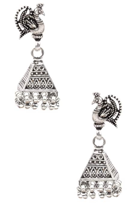 Shop Sangeeta Boochra Silver Plated Handcrafted Carved Jhumkas at Aza Fashions Shop_Sangeeta Boochra_Silver Plated Handcrafted Carved Jhumkas _at_Aza_Fashions