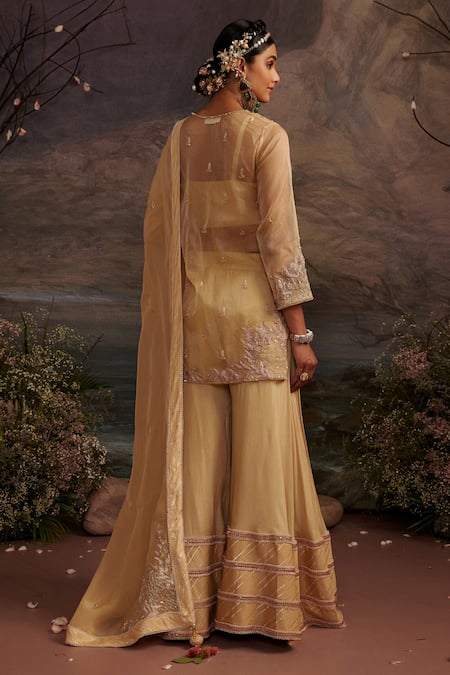 Shop_Ajiesh Oberoi_Gold Dupion Silk And Organza Gota Patti, Rabiya Embroidered Kurta Sharara Set _at_Aza_Fashions