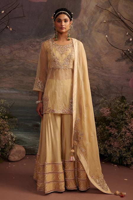 Ajiesh Oberoi_Gold Dupion Silk And Organza Gota Patti, Rabiya Embroidered Kurta Sharara Set _Online_at_Aza_Fashions