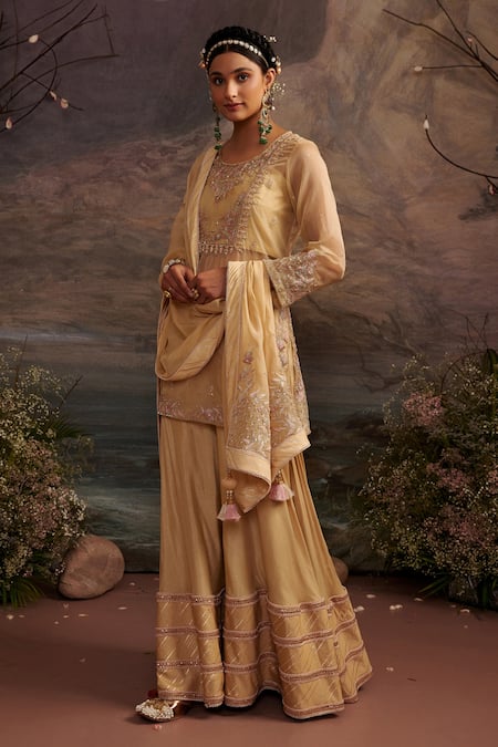 Buy_Ajiesh Oberoi_Gold Dupion Silk And Organza Gota Patti, Rabiya Embroidered Kurta Sharara Set _Online_at_Aza_Fashions