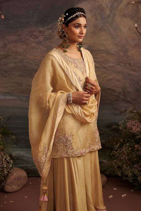 Shop_Ajiesh Oberoi_Gold Dupion Silk And Organza Gota Patti, Rabiya Embroidered Kurta Sharara Set _Online_at_Aza_Fashions