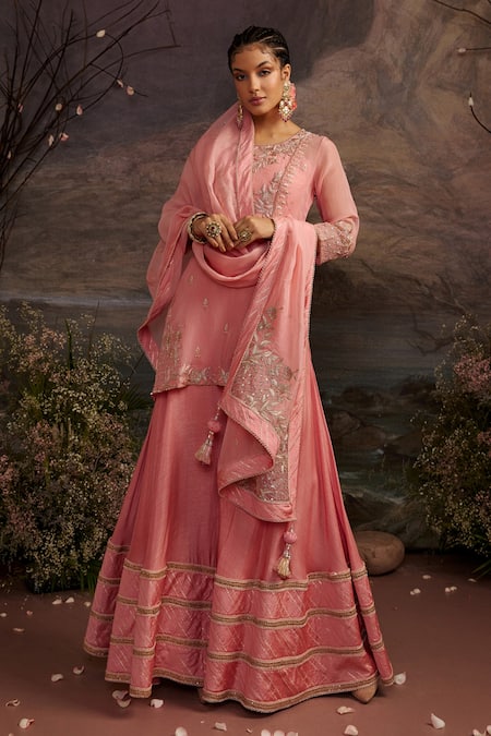 Ajiesh Oberoi Pink Dupion Silk And Organza Gota Patti, Rabiya Embroidered Kurta Sharara Set