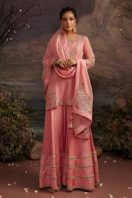 Ajiesh Oberoi_Pink Dupion Silk And Organza Gota Patti, Rabiya Embroidered Kurta Sharara Set _Online_at_Aza_Fashions