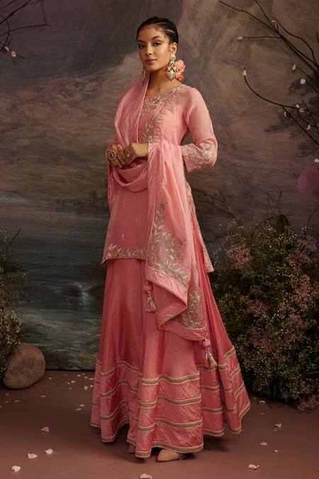 Buy_Ajiesh Oberoi_Pink Dupion Silk And Organza Gota Patti, Rabiya Embroidered Kurta Sharara Set _Online_at_Aza_Fashions