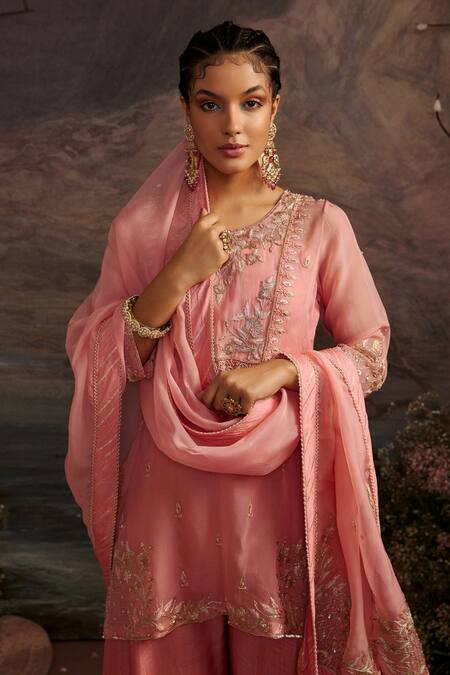 Shop_Ajiesh Oberoi_Pink Dupion Silk And Organza Gota Patti, Rabiya Embroidered Kurta Sharara Set _Online_at_Aza_Fashions