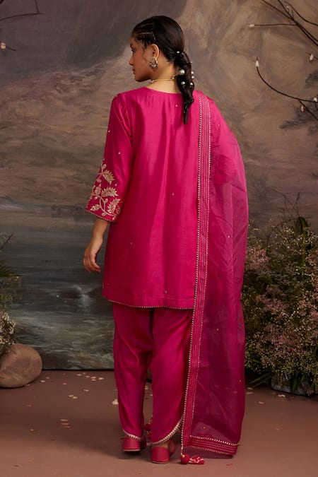 Shop Ajiesh Oberoi Pink Dupion , Organza And Modal Satin Palak Short Kurta Dhoti Pant Set at Aza Fashions Shop_Ajiesh Oberoi_Pink Dupion , Organza And Modal Satin Palak Short Kurta Dhoti Pant Set _at_Aza_Fashions