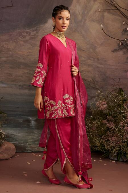 Ajiesh Oberoi Pink Dupion , Organza And Modal Satin Palak Short Kurta Dhoti Pant Set Online at Aza Fashions Ajiesh Oberoi_Pink Dupion , Organza And Modal Satin Palak Short Kurta Dhoti Pant Set _Online_at_Aza_Fashions
