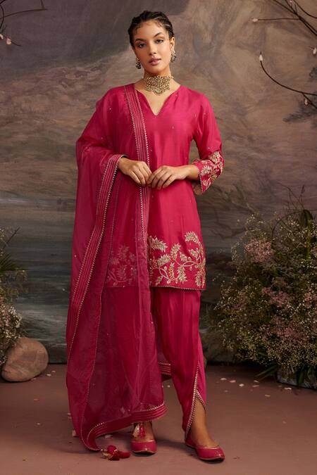 Buy Ajiesh Oberoi Pink Dupion , Organza And Modal Satin Palak Short Kurta Dhoti Pant Set Online at Aza Fashions Buy_Ajiesh Oberoi_Pink Dupion , Organza And Modal Satin Palak Short Kurta Dhoti Pant Set _Online_at_Aza_Fashions