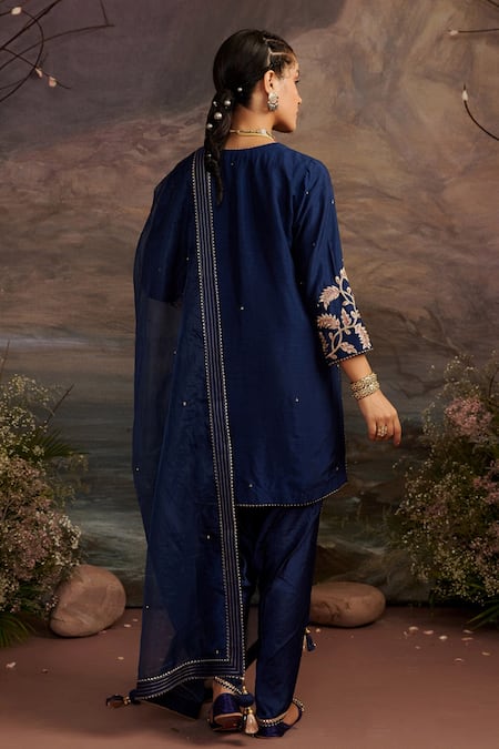 Shop Ajiesh Oberoi Blue Dupion , Organza And Modal Satin Palak Short Kurta Dhoti Pant Set at Aza Fashions Shop_Ajiesh Oberoi_Blue Dupion , Organza And Modal Satin Palak Short Kurta Dhoti Pant Set _at_Aza_Fashions
