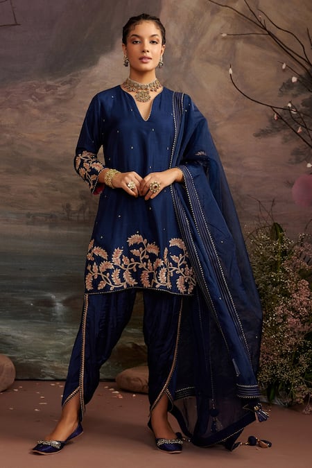 Ajiesh Oberoi Blue Dupion , Organza And Modal Satin Palak Short Kurta Dhoti Pant Set Online at Aza Fashions Ajiesh Oberoi_Blue Dupion , Organza And Modal Satin Palak Short Kurta Dhoti Pant Set _Online_at_Aza_Fashions