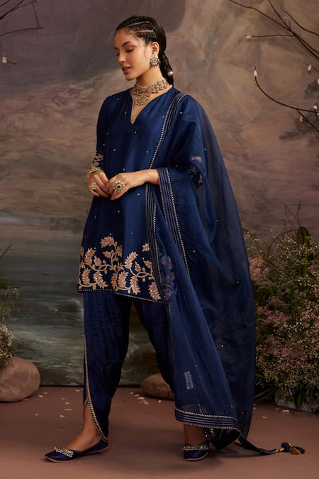 Buy Ajiesh Oberoi Blue Dupion , Organza And Modal Satin Palak Short Kurta Dhoti Pant Set Online at Aza Fashions Buy_Ajiesh Oberoi_Blue Dupion , Organza And Modal Satin Palak Short Kurta Dhoti Pant Set _Online_at_Aza_Fashions
