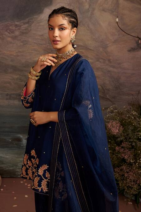 Shop Ajiesh Oberoi Blue Dupion , Organza And Modal Satin Palak Short Kurta Dhoti Pant Set Online at Aza Fashions Shop_Ajiesh Oberoi_Blue Dupion , Organza And Modal Satin Palak Short Kurta Dhoti Pant Set _Online_at_Aza_Fashions