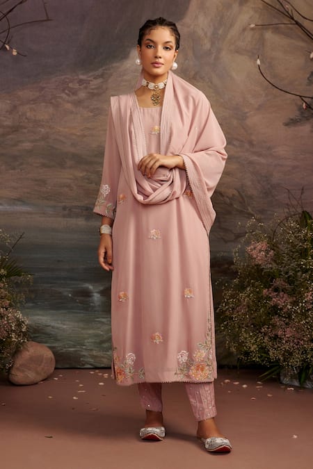 Ajiesh Oberoi Pink Georgette And Rayon Beads & Sequin, Gota Charul Embroidered Kurta Pant Set 