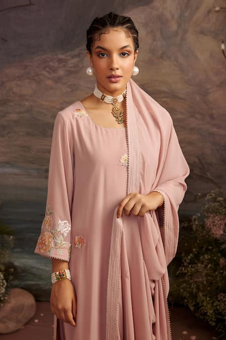 Buy_Ajiesh Oberoi_Pink Georgette And Rayon Beads & Sequin, Gota Charul Embroidered Kurta Pant Set _Online_at_Aza_Fashions