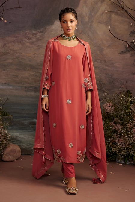 Ajiesh Oberoi Orange Georgette And Rayon Beads & Sequin, Gota Charul Embroidered Kurta Pant Set 