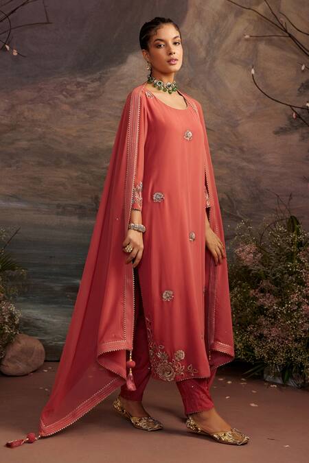 Ajiesh Oberoi_Orange Georgette And Rayon Beads & Sequin, Gota Charul Embroidered Kurta Pant Set _Online_at_Aza_Fashions