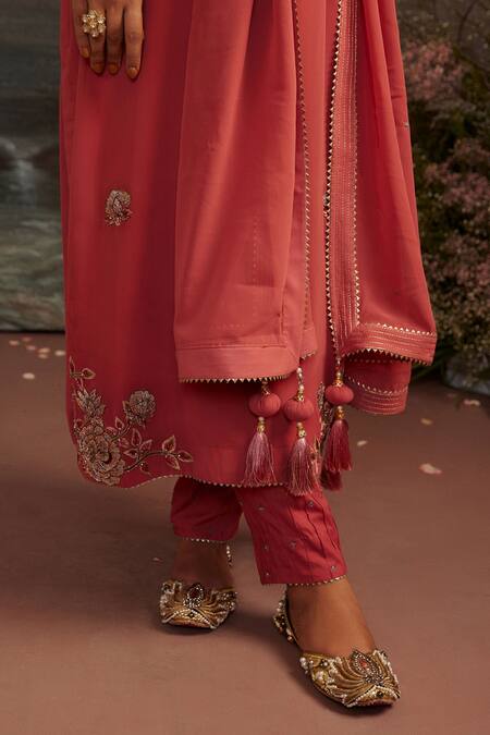 Shop_Ajiesh Oberoi_Orange Georgette And Rayon Beads & Sequin, Gota Charul Embroidered Kurta Pant Set _Online_at_Aza_Fashions