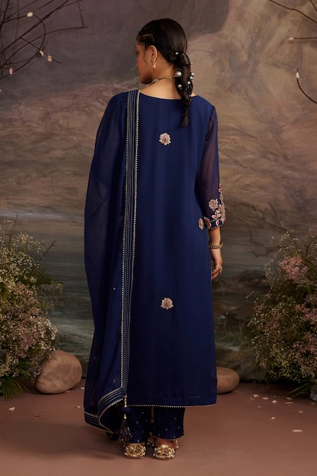 Shop Ajiesh Oberoi Blue Georgette And Rayon Beads & Sequin, Gota Charul Embroidered Kurta Pant Set at Aza Fashions Shop_Ajiesh Oberoi_Blue Georgette And Rayon Beads & Sequin, Gota Charul Embroidered Kurta Pant Set _at_Aza_Fashions