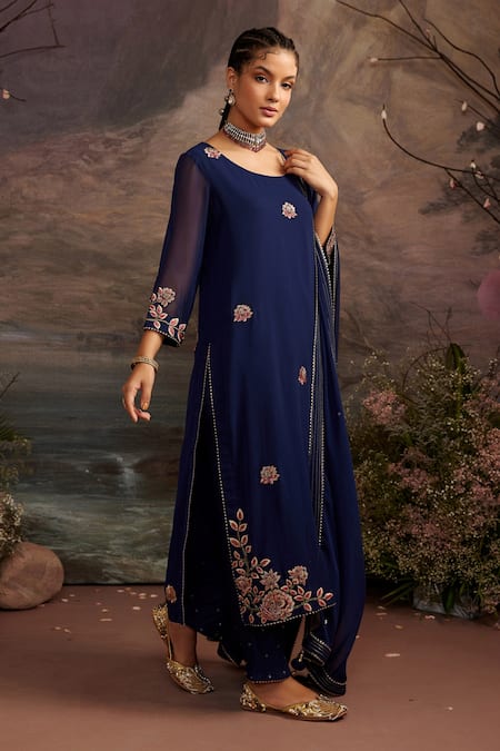 Ajiesh Oberoi Blue Georgette And Rayon Beads & Sequin, Gota Charul Embroidered Kurta Pant Set Online at Aza Fashions Ajiesh Oberoi_Blue Georgette And Rayon Beads & Sequin, Gota Charul Embroidered Kurta Pant Set _Online_at_Aza_Fashions