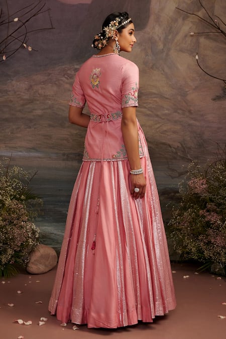 Shop Ajiesh Oberoi Pink Dupion Silk Beads And Sequin, Thread Round Hoor Short Jacket & Skirt Set at Aza Fashions Shop_Ajiesh Oberoi_Pink Dupion Silk Beads And Sequin, Thread Round Hoor Short Jacket & Skirt Set _at_Aza_Fashions