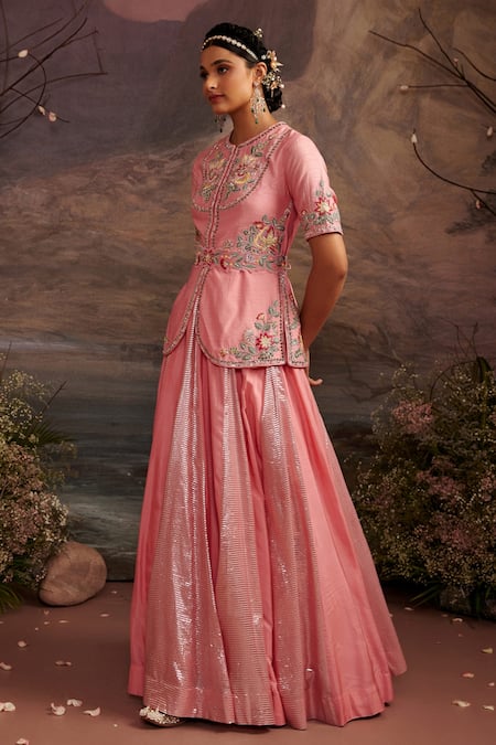 Ajiesh Oberoi Pink Dupion Silk Beads And Sequin, Thread Round Hoor Short Jacket & Skirt Set Online at Aza Fashions Ajiesh Oberoi_Pink Dupion Silk Beads And Sequin, Thread Round Hoor Short Jacket & Skirt Set _Online_at_Aza_Fashions
