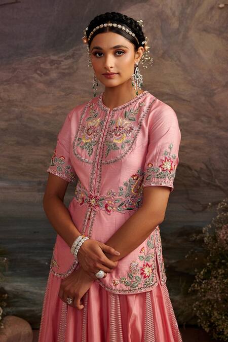 Shop Ajiesh Oberoi Pink Dupion Silk Beads And Sequin, Thread Round Hoor Short Jacket & Skirt Set Online at Aza Fashions Shop_Ajiesh Oberoi_Pink Dupion Silk Beads And Sequin, Thread Round Hoor Short Jacket & Skirt Set _Online_at_Aza_Fashions