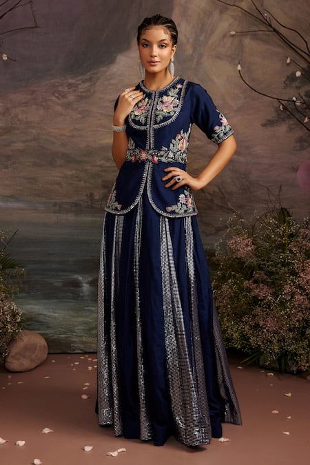 Ajiesh Oberoi_Blue Dupion Silk Beads And Sequin, Thread Round Hoor Short Jacket & Skirt Set _Online_at_Aza_Fashions
