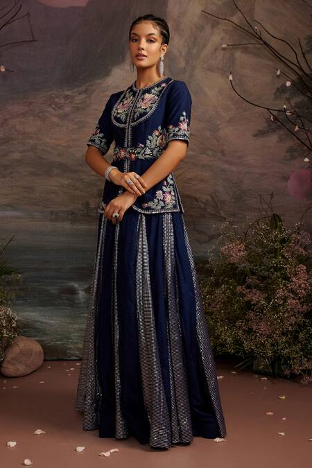 Buy_Ajiesh Oberoi_Blue Dupion Silk Beads And Sequin, Thread Round Hoor Short Jacket & Skirt Set _Online_at_Aza_Fashions
