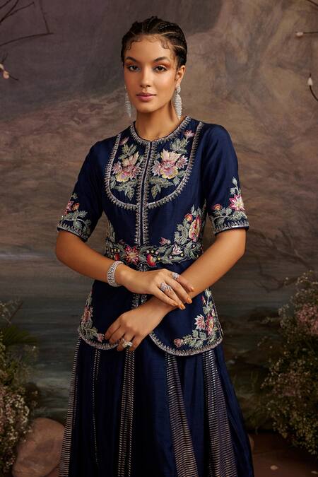 Shop_Ajiesh Oberoi_Blue Dupion Silk Beads And Sequin, Thread Round Hoor Short Jacket & Skirt Set _Online_at_Aza_Fashions