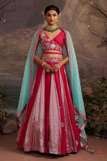 Ajiesh Oberoi Pink Dupion Silk And Organza Beads & Sequin, Saundarya Embroidered Lehenga Set 