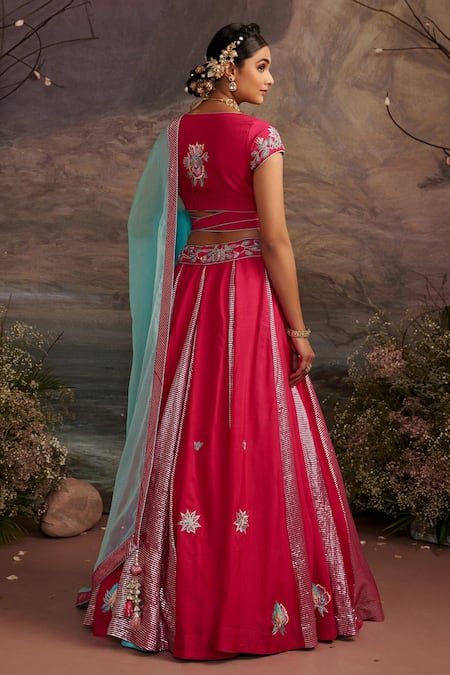 Shop_Ajiesh Oberoi_Pink Dupion Silk And Organza Beads & Sequin, Saundarya Embroidered Lehenga Set _at_Aza_Fashions