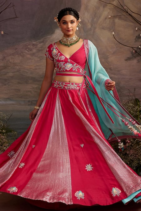 Buy_Ajiesh Oberoi_Pink Dupion Silk And Organza Beads & Sequin, Saundarya Embroidered Lehenga Set _Online_at_Aza_Fashions