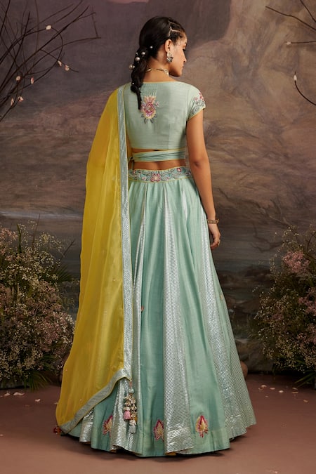Shop_Ajiesh Oberoi_Green Dupion Silk And Organza Beads & Sequin, Saundarya Embroidered Lehenga Set _at_Aza_Fashions