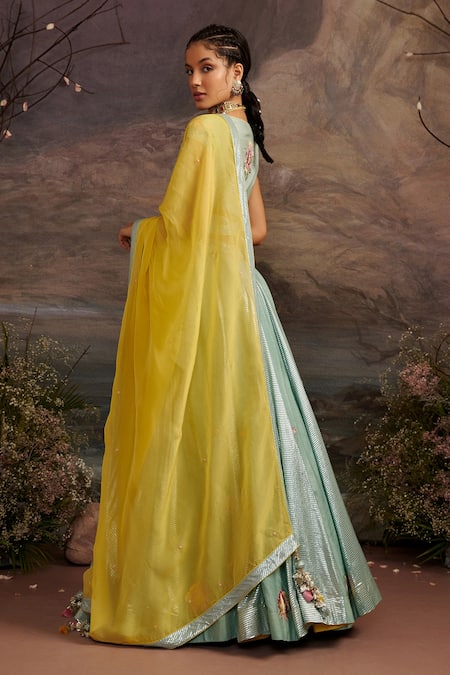 Ajiesh Oberoi_Green Dupion Silk And Organza Beads & Sequin, Saundarya Embroidered Lehenga Set _Online_at_Aza_Fashions