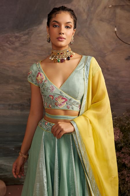 Buy_Ajiesh Oberoi_Green Dupion Silk And Organza Beads & Sequin, Saundarya Embroidered Lehenga Set _Online_at_Aza_Fashions