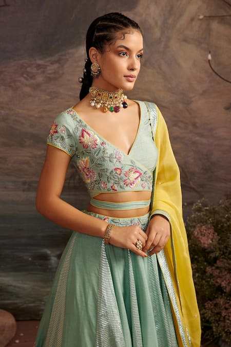 Shop_Ajiesh Oberoi_Green Dupion Silk And Organza Beads & Sequin, Saundarya Embroidered Lehenga Set _Online_at_Aza_Fashions
