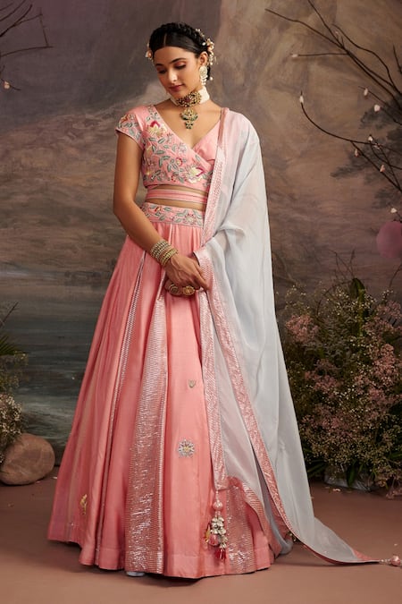 Ajiesh Oberoi_Pink Dupion Silk And Organza Beads & Sequin, Saundarya Embroidered Lehenga Set _Online_at_Aza_Fashions