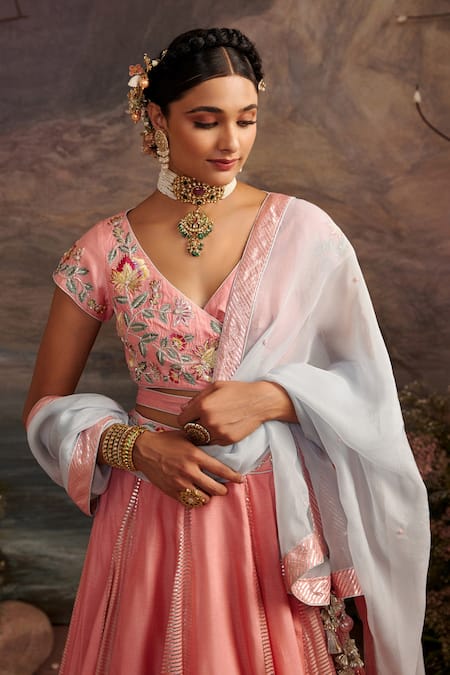 Buy_Ajiesh Oberoi_Pink Dupion Silk And Organza Beads & Sequin, Saundarya Embroidered Lehenga Set _Online_at_Aza_Fashions
