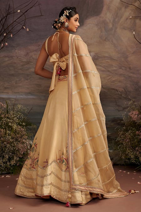 Shop_Ajiesh Oberoi_Gold Dupion Silk And Organza Beads & Sequin, Sunehri Embroidered Lehenga Set _at_Aza_Fashions