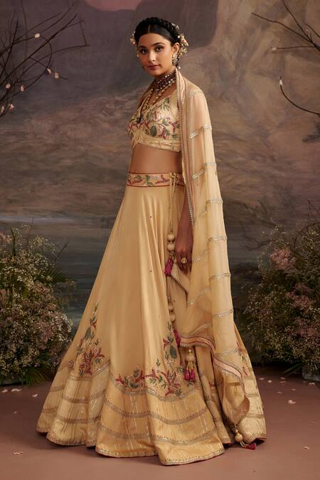 Ajiesh Oberoi_Gold Dupion Silk And Organza Beads & Sequin, Sunehri Embroidered Lehenga Set _Online_at_Aza_Fashions