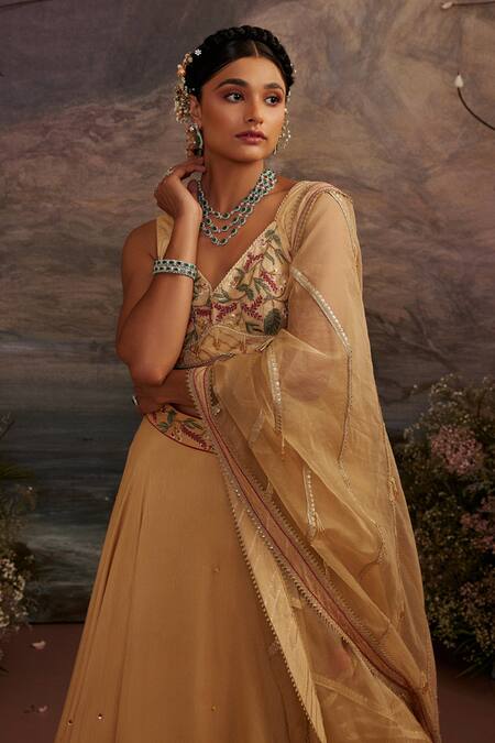 Shop_Ajiesh Oberoi_Gold Dupion Silk And Organza Beads & Sequin, Sunehri Embroidered Lehenga Set _Online_at_Aza_Fashions