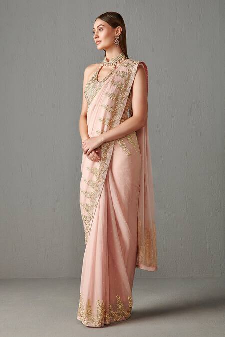 Rabani & Rakha_Pink Foil Chiffon Sequin Work Halter Neck Zainab Embroidered Saree With Blouse _Online_at_Aza_Fashions