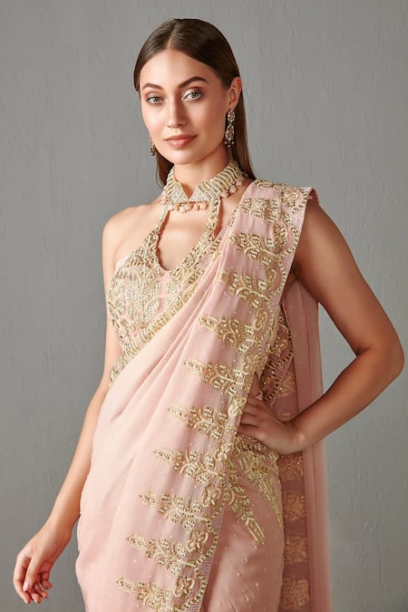 Buy_Rabani & Rakha_Pink Foil Chiffon Sequin Work Halter Neck Zainab Embroidered Saree With Blouse _Online_at_Aza_Fashions