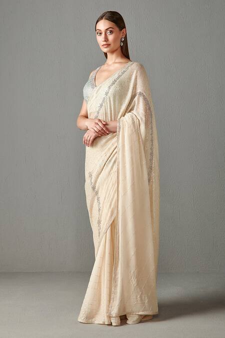 Rabani & Rakha_White Chiffon Cutdana , Sequins V Neck Zainab Saree With Blouse _Online_at_Aza_Fashions