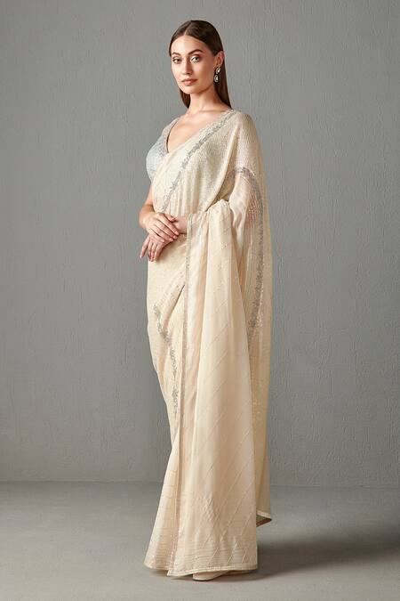 Buy_Rabani & Rakha_White Chiffon Cutdana , Sequins V Neck Zainab Saree With Blouse _Online_at_Aza_Fashions